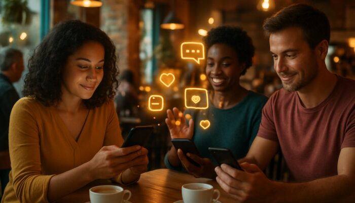 Bournemouth cafe patrons enjoying Instagram Stories specials next to a charity Facebook Live stream with glowing icons.
