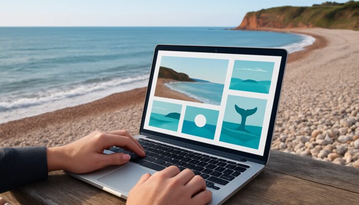 Designer evaluating WordPress portfolio on a laptop with a view of Budleigh Salterton pebble beach.