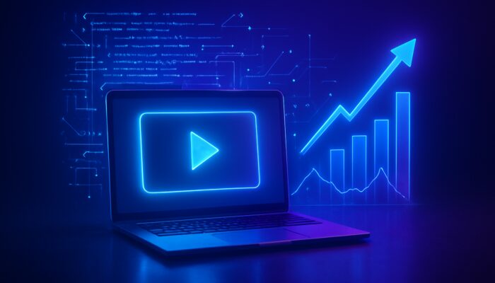 Futuristic laptop featuring a glowing video player, schema markup code, ranking arrows, and visibility charts in neon blue-purple.