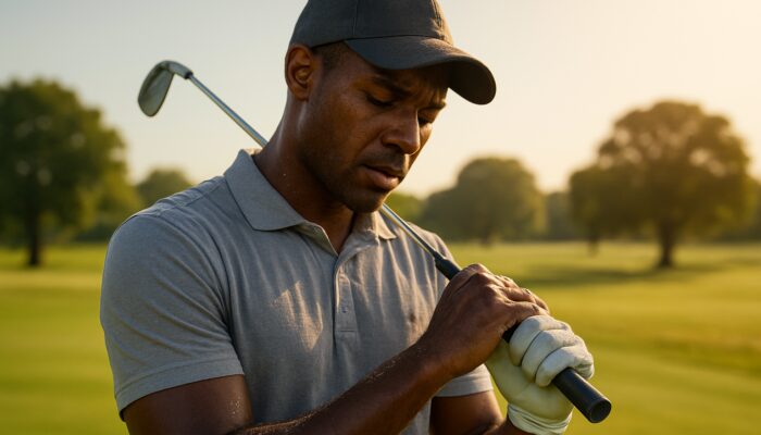 South African golfer adjusts sweaty grip on club under bright sun on golf course