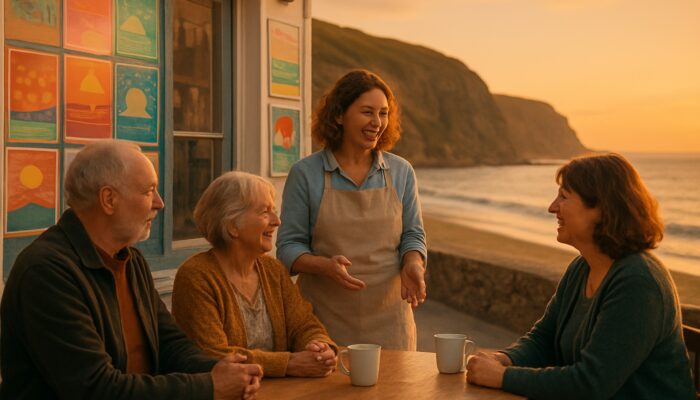 Seaton cafe owner chats with locals amid colorful posters, ocean cliffs, and warm sunset light.