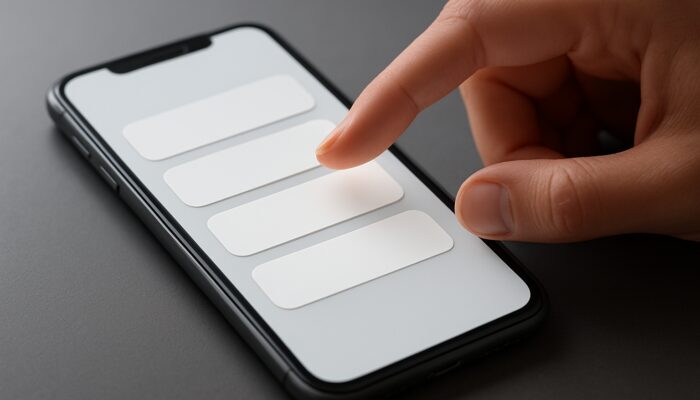 Hand tapping large labeled buttons on a smartphone's intuitive sticky mobile menu.
