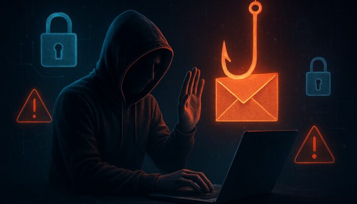 User shielding laptop from phishing email threat with digital locks and security alerts