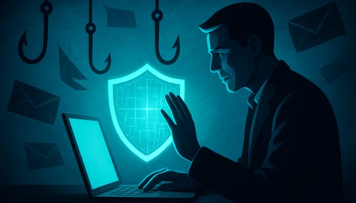 Professional blocking phishing emails with digital shield on glowing laptop for cybersecurity awareness