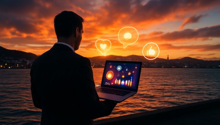 Professional with a glowing social media laptop overlooking Wellington waterfront at a dramatic harbour sunset.