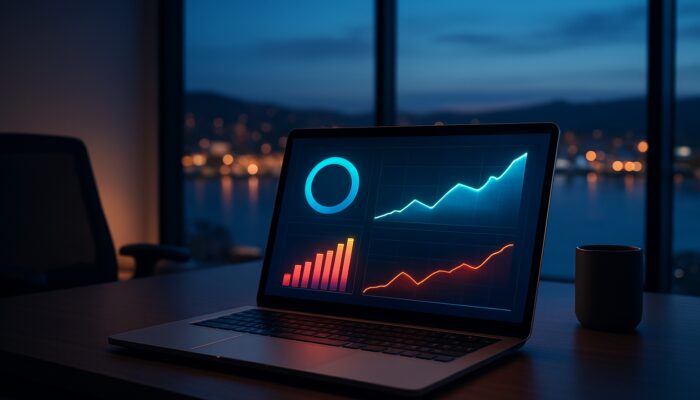 Laptop displaying rising social media engagement graphs, reach metrics, and follower growth in a Wellington office at twilight.